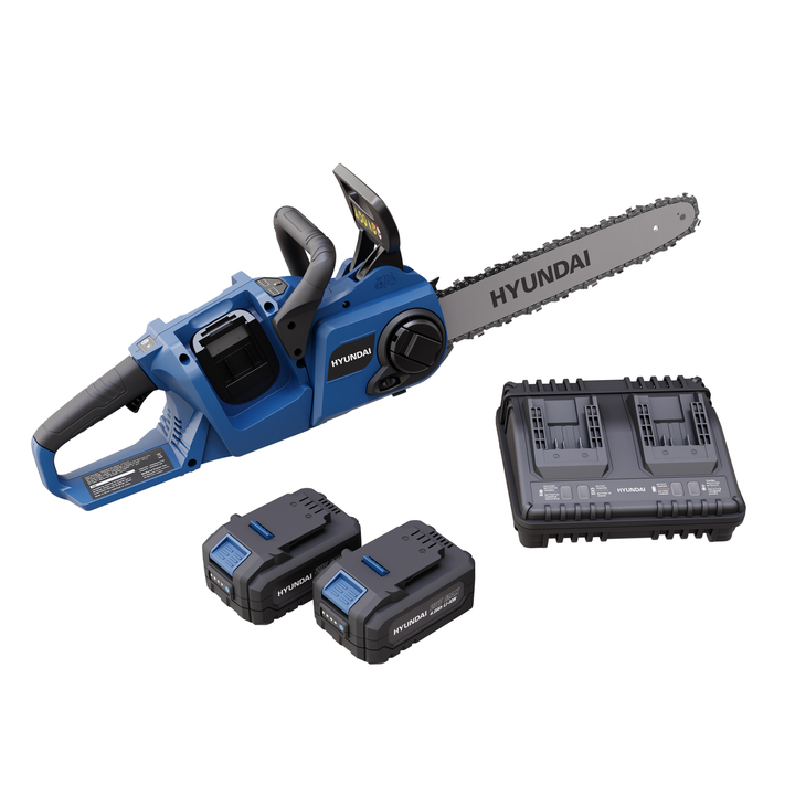 Hyundai 2x20V Lithium-Ion Cordless Brushless 14-in Chainsaw Kit w/ 2x4.0Ah Batteries & 2-Bay Charger