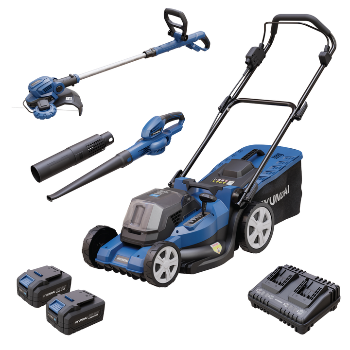 Hyundai 2x20V Li-ion Cordless 17-in Mower, Trimmer & Blower Kit w/ 2x4.0Ah Batteries & 2-Bay Charger